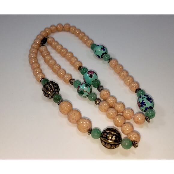 Vtg Chinese Pink Green Peking Glass Bead Necklace Painted Porcelain Silver Plate - Picture 8 of 10